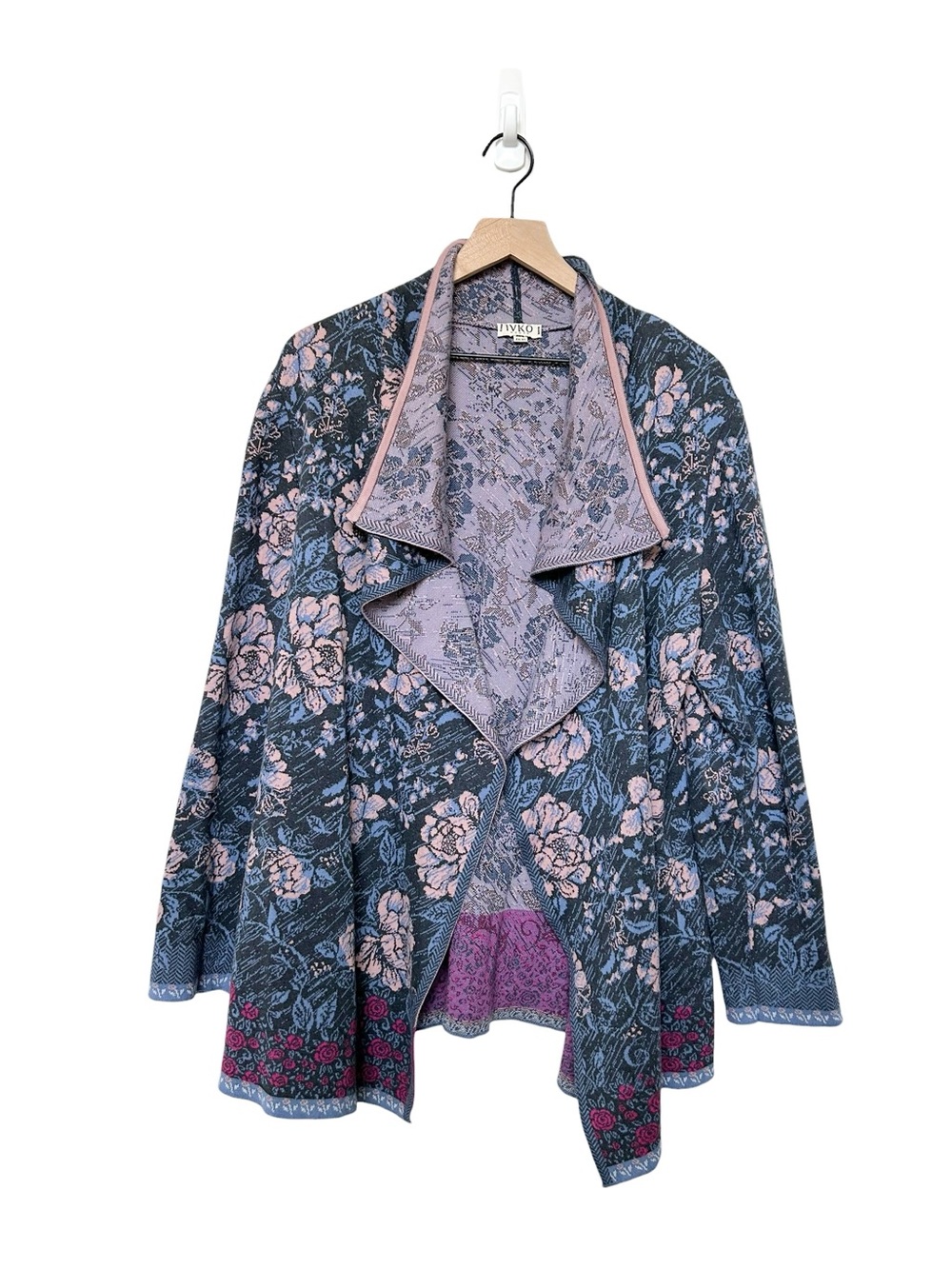 IVKO Woman Floral Print Draped Open Cardigan Size 44/46 US XXL/3XL Blue Pink
